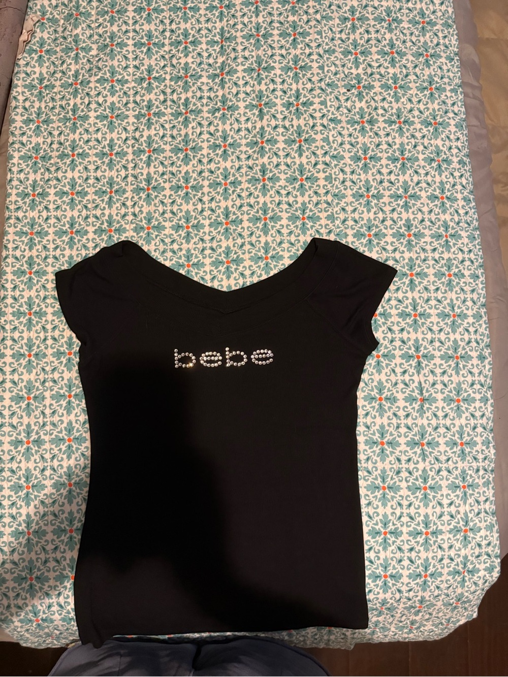 bebe Black Short Sleeve Rhinestone Logo Tee